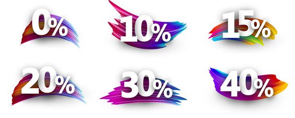 Sale or discount tags with figures, percent sign and spectrum brush strokes isolated on white background. Colorful gradient brush design. Vector paper illustration. - Vector, Imagen