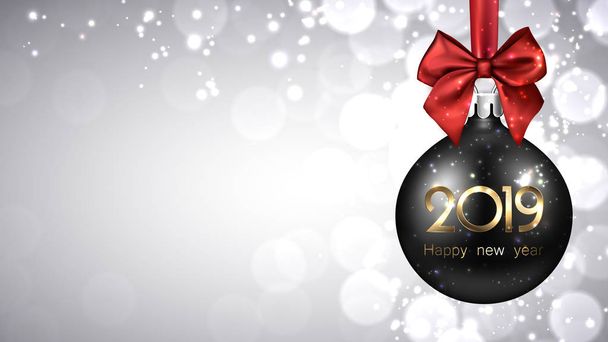 Fondo gris brillante de Año Nuevo 2019 con bola de Navidad negra y hermoso lazo de satén rojo. Tarjeta de felicitación o decoración festiva. Ilustración vectorial
. - Vector, imagen