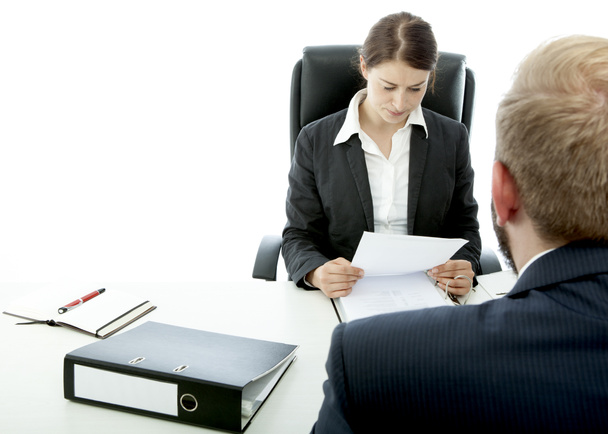 beard business man brunette woman at desk read contract - Photo, image