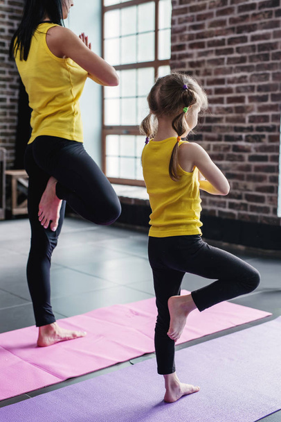 Mother and daughter practicing yoga together meditating standing on one leg with hands in prayer - Foto, immagini