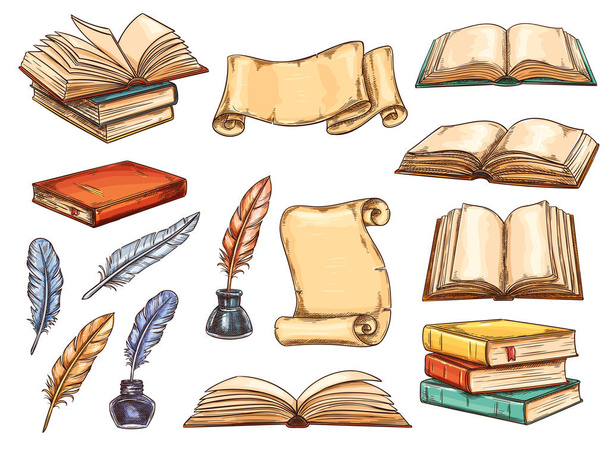 Старая книга, свиток и старинный перьевой эскиз
 - Вектор,изображение