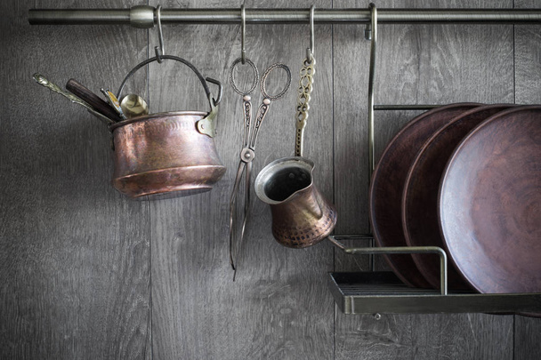 old vintage dishware on dark wooden background - Fotografie, Obrázek