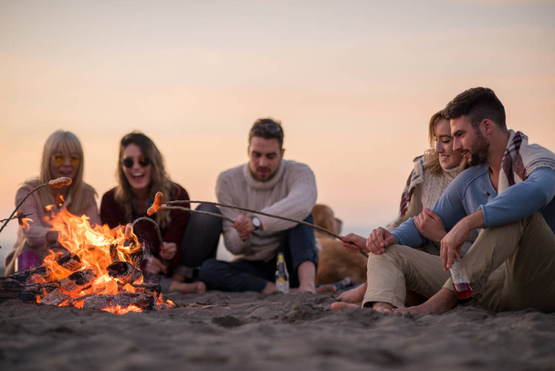 Group of young friends sitting by the fire at autumn beach, grilling sausages and drinking beer, talking and having fun - Фото, зображення