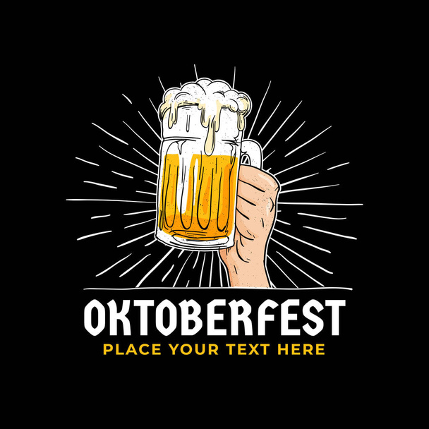 Oktoberfest hand holding beer logo badge with dark black background. Vintage, old style hand drawn Munich beer festival concept illustration for poster, sticker, banner, vector design. - Vektor, obrázek