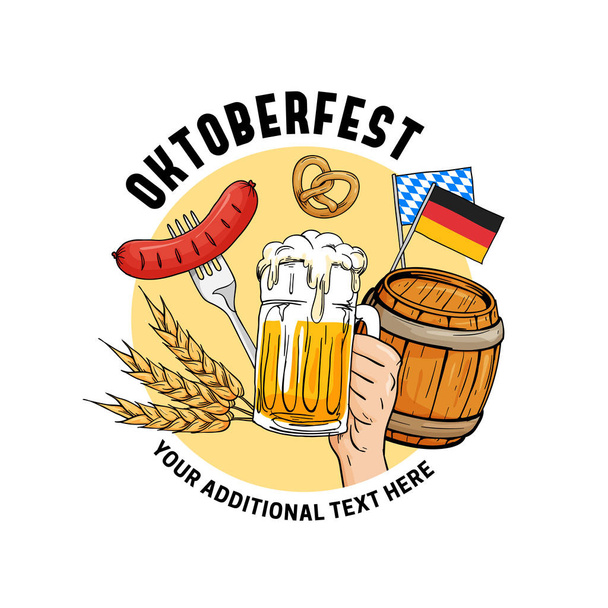 Oktoberfest hand drawn vector illustration. Munich beer festival concept with vintage old style design. Hand holding full glass of beer with barrel, sausage, pretzel, grain, germany flag element. - Vetor, Imagem