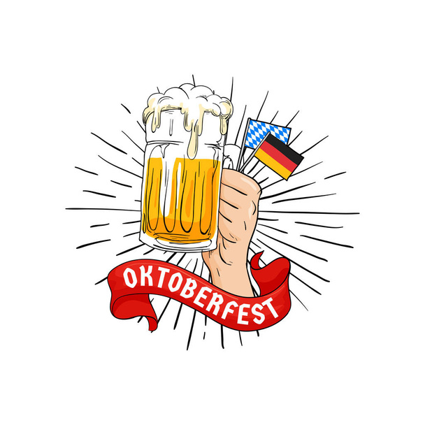 Hand holding full glass of beer and bavarian, germany flag illustration. Oktoberfest munich beer festival concept for poster, banner, logo, badge, sticker, advertising design. Vintage old style vector - Vetor, Imagem