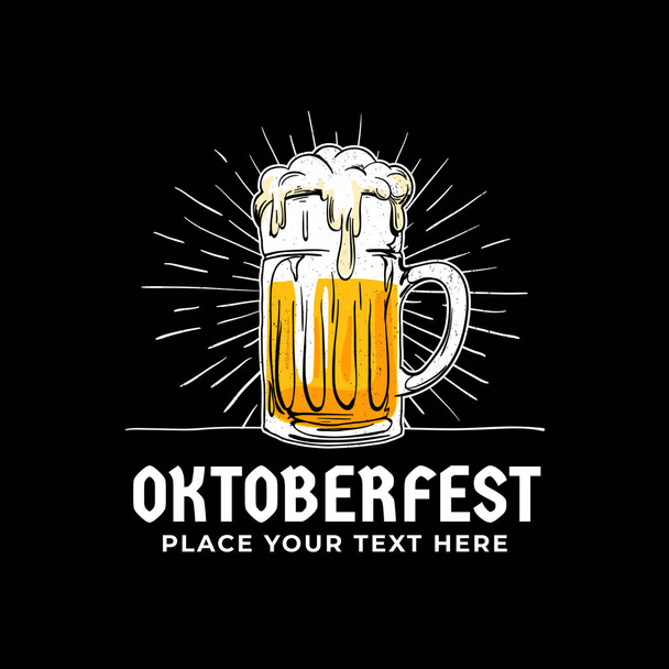 Oktoberfest, hand drawn logo badge. Old style full glass of beer with sun rays background illustration for Munich beer festival concept design. Poster, banner, sticker, advertising vector template. - ベクター画像