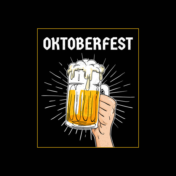 Oktoberfest Hand holding full glass of beer hand drawn illustration. Vintage, old style Munich beer festival concept vector design for poster, logo, banner, badge, advertising, sticker. - Vektor, obrázek