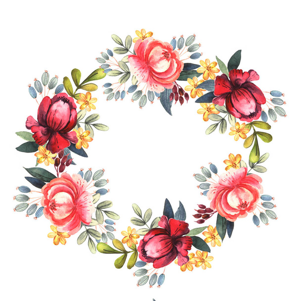 Watercolor wreath of bright flowers - Zdjęcie, obraz
