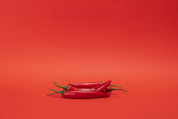 Bild von roten schmalen langen würzigen Chilischoten isoliert auf dem roten Hintergrund - Foto, Bild