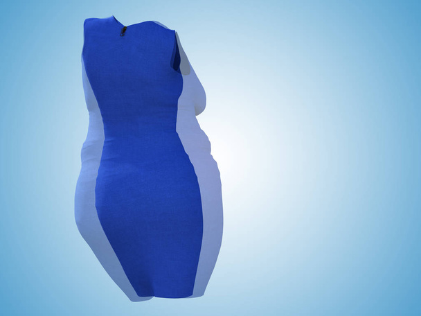 Koncepcyjne tłuszczu nadwagą otyłych kobiet sukienka strój vs slim fit zdrowego ciała po odchudzaniu lub diety cienkie młoda kobieta na niebiesko. Fitness, odżywianie i otłuszczenia otyłość zdrowie kształt 3d ilustracja - Zdjęcie, obraz