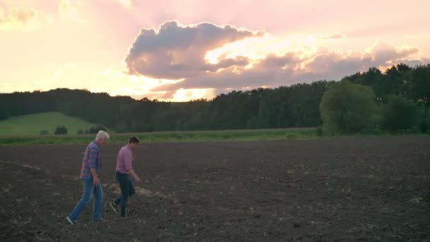 Adult son walking with his old father on soil field, beautiful view of cultivated land during sunset in background - Imágenes, Vídeo