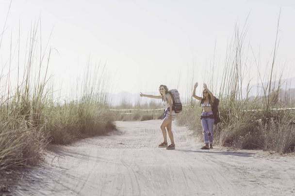 Two pretty women backpackers hitch hiking on summer day. - Фото, зображення