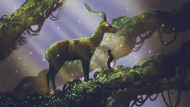 joven excursionista encontró una estatua de ciervo gigante cubierta de musgo y liquen mientras viajaba por el bosque, estilo de arte digital, pintura de ilustración
 - Foto, imagen