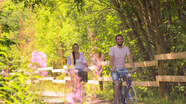 ευτυχισμένο ζευγάρι ιππασία ποδήλατα στο πάρκο καλοκαίρι - Πλάνα, βίντεο