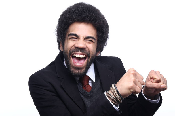 Screaming black businessman on white background - Φωτογραφία, εικόνα