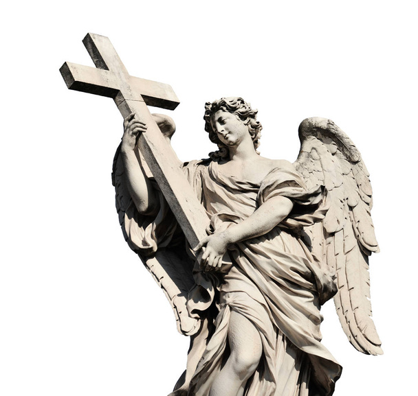 Anděl drží socha svatého kříže, 17. století barokní mistrovské dílo v Římě (izolované na bílém pozadí) - Fotografie, Obrázek