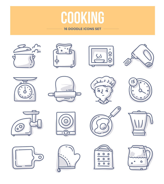 Doodle-Vektor-Symbole für Koch- und Küchengeräte für Webseiten und Druckmaterialien - Vektor, Bild