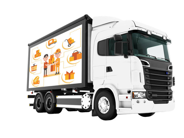 Современный белый грузовик для перевозки товаров из магазина к покупателю 3D рендеринг на белом фоне без тени
 - Фото, изображение
