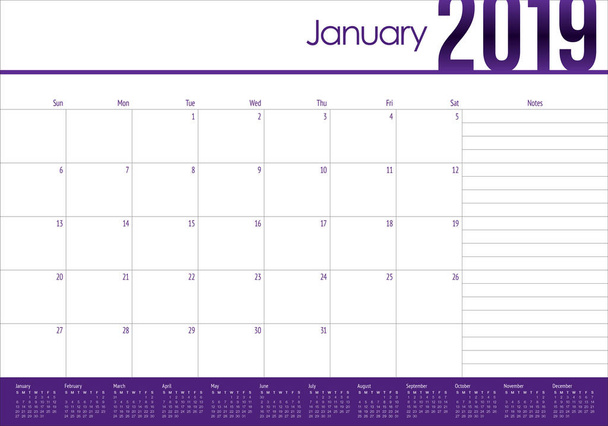 2019 年 1 月デスク カレンダーのベクトル イラスト、シンプルでクリーンなデザイン.  - ベクター画像