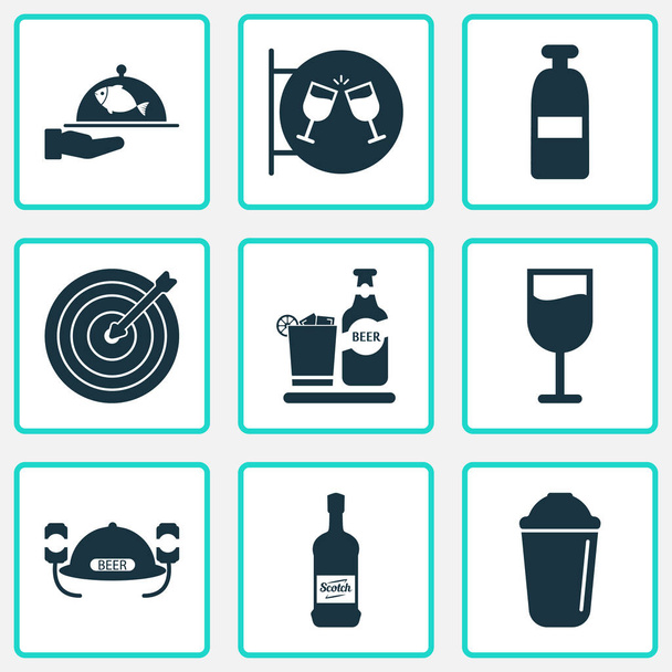 Iconos de alcohol con copa de vino, espaciado, casco de cerveza y otros elementos de whisky. Iconos aislados de alcohol ilustración
. - Foto, imagen