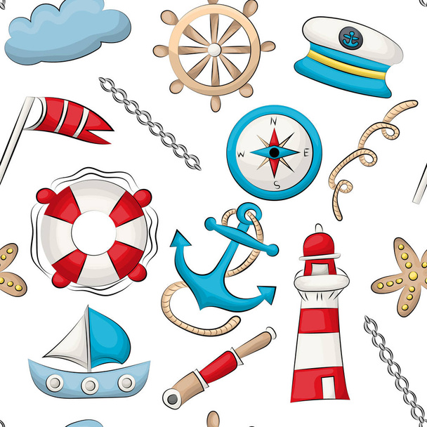 Marine nautical travel theme. Seamless pattern. Repeating background for textile, wrapping, wallpaper. Vector illustration. - Вектор, зображення