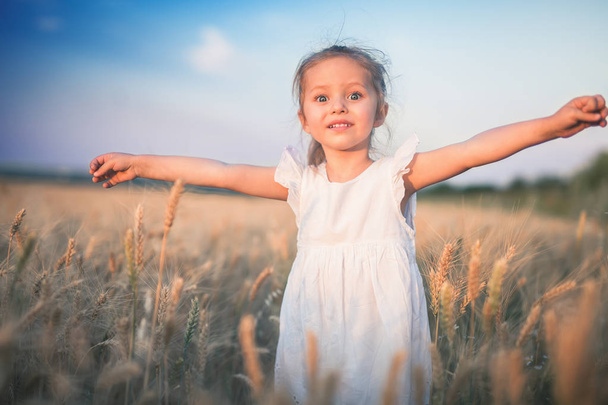 Happy Little Girl Imagine That She Flies At Wheat Field. - Фото, изображение