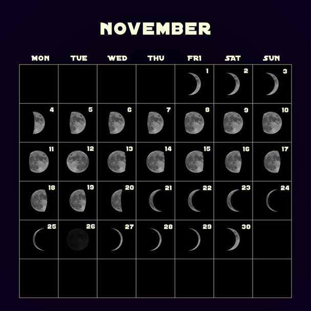 Calendrier des phases de lune pour 2019 avec lune réaliste. Novembre. Vecteur
 - Vecteur, image
