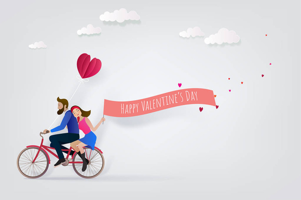Pareja feliz está montando una bicicleta juntos y sosteniendo globos rojos sobre fondo rosa. Ilustración de Amor y San Valentín
. - Vector, Imagen