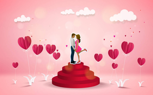 Flores rojas del corazón sobre fondo rosa con pareja besándose en el escenario rojo vacaciones de luna de miel vacaciones de verano romance
 - Vector, imagen