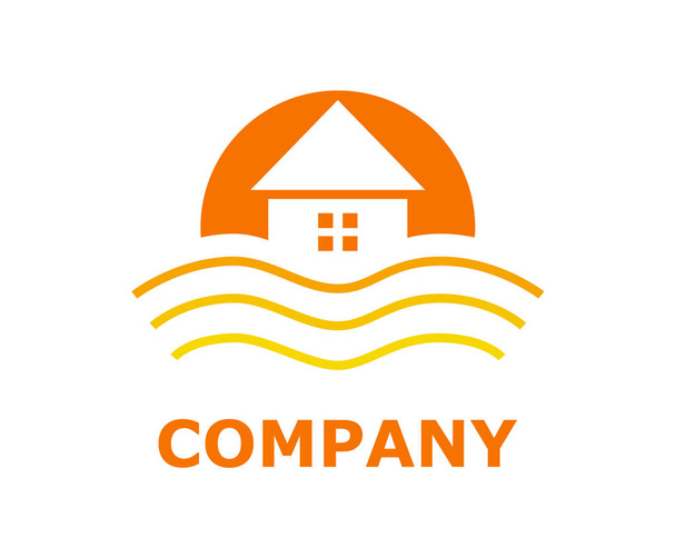 Ilustración de la idea del diseño del logotipo para la empresa hotelera del complejo en forma de playa o bahía como puesta de sol
 - Vector, Imagen