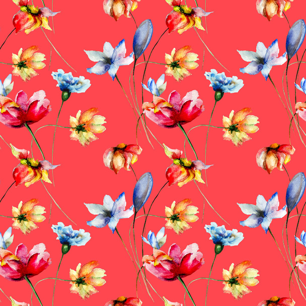 Seamless wallpaper with stylized Spring flowers, watercolor illustratio - Foto, afbeelding