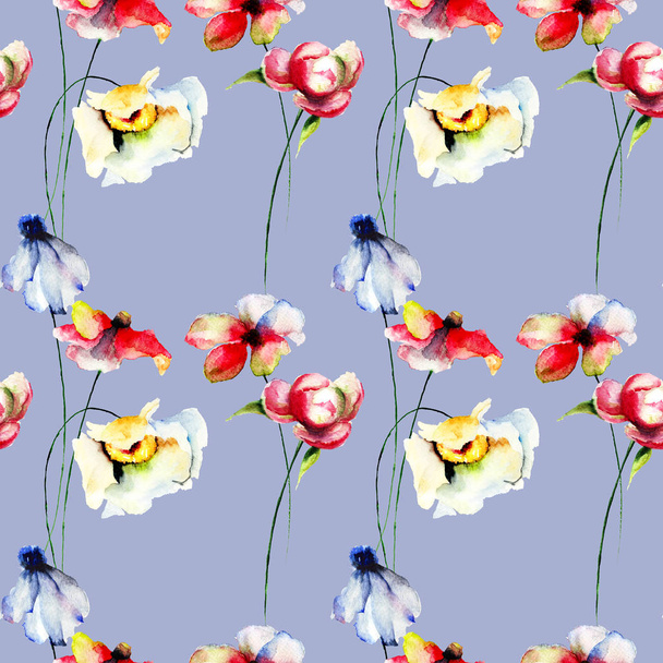 Seamless pattern with Spring flowers, watercolor illustration, Tile for wallpaper or fabri - Photo, image
