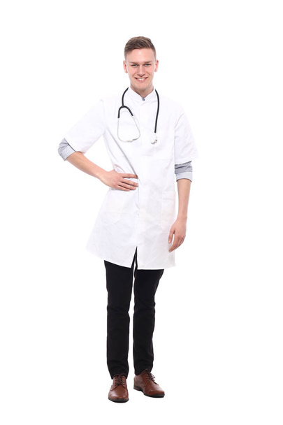 Male doctor wearing special uniform with stethoscope - 写真・画像