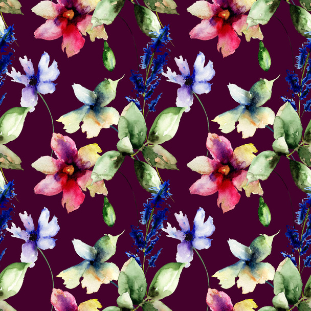 Seamless wallpaper with Original flowers, watercolor illustratio - Фото, изображение