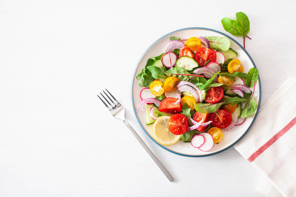 sana insalata di pomodoro vegan colorato con cetriolo, ravanello, cipolla
 - Foto, immagini