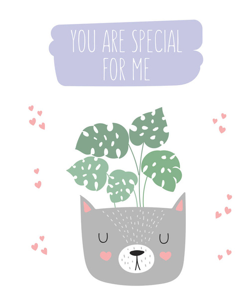 Vector cute poster with house plant in funny cat pot and motivational slogan. Postcard with adorable objects on background, pastel colors. Valentine's day, anniversary, baby shower, birthday - Vektör, Görsel