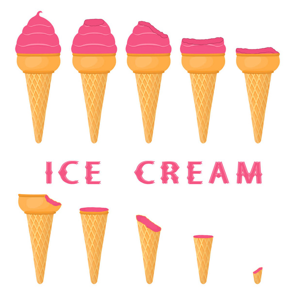 天然梅ワッフル コーンにアイスクリームのベクトル イラスト。甘いの冷たいアイスクリーム、おいしいデザートのアイスクリームのパターン。ウェーハ コーンに梅の新鮮なフルーツのアイスクリーム. - ベクター画像