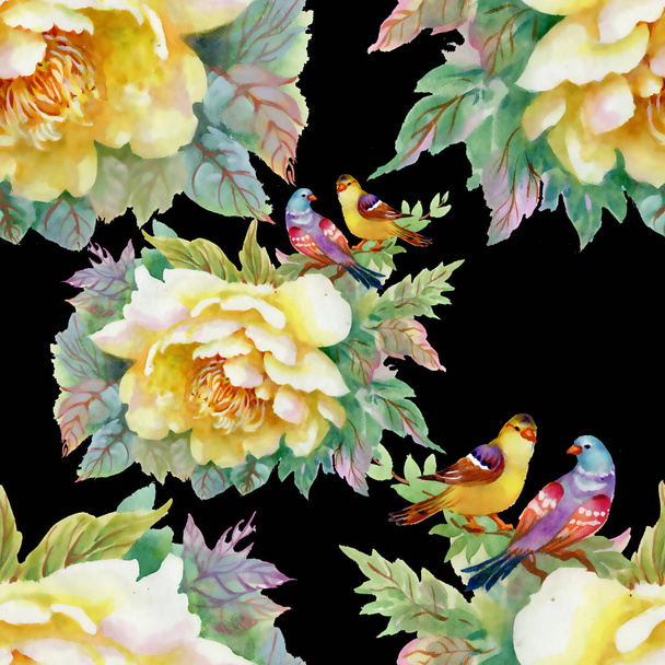 pattern with beautiful yellow roses and birds  - Photo, Image