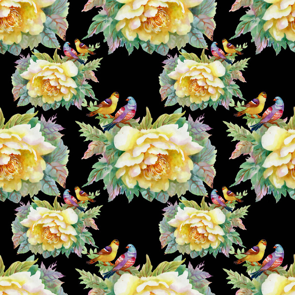 pattern with beautiful yellow roses and birds  - Valokuva, kuva