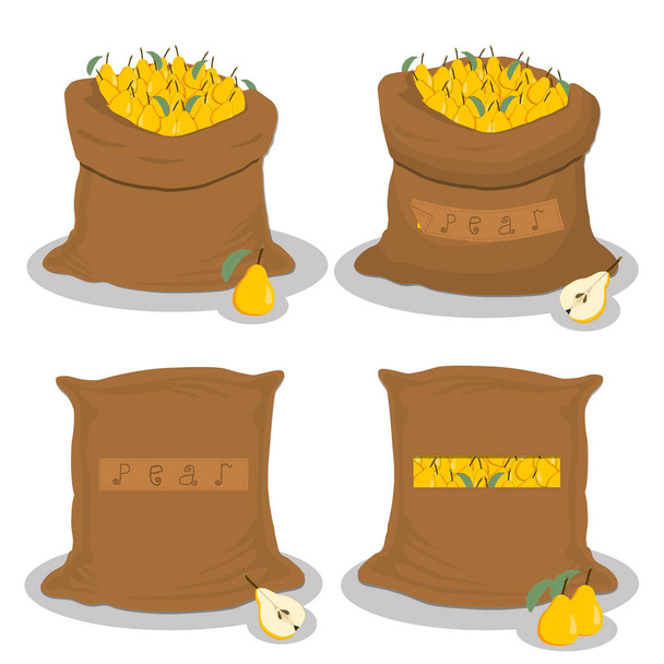 Icône vectorielle illustration logo pour sacs remplis de poire jaune de fruits, stockage dans des sacs. Modèle de poire composé de nourriture mûre, produit cru sur sac ouvert. Poires savoureuses de sac écologique, sac complet
 - Vecteur, image