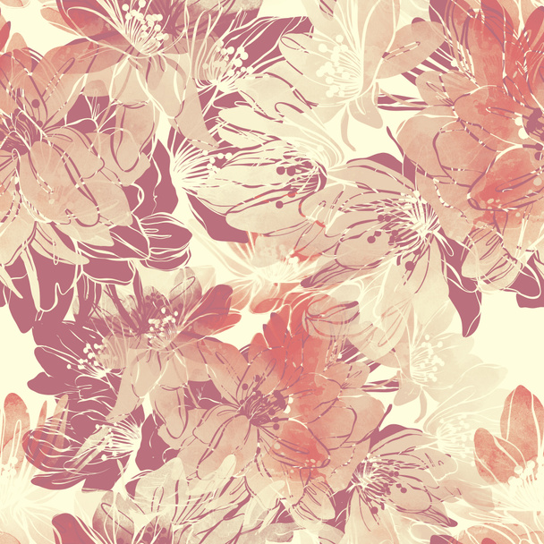 imprints sakura blossom mix repeat seamless pattern. digital hand drawn picture with watercolour texture. mixed media - Foto, Imagem
