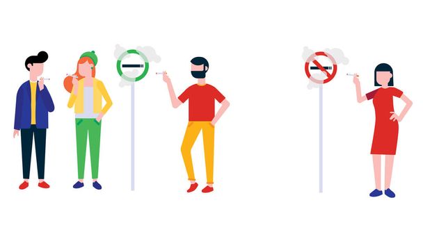Grupo de fumadores. Chica adolescente, joven, mujer y hombre fuman cigarrillos cerca de signos de no fumar y fumar área plana diseño vector ilustración aislado sobre fondo blanco
  - Vector, imagen