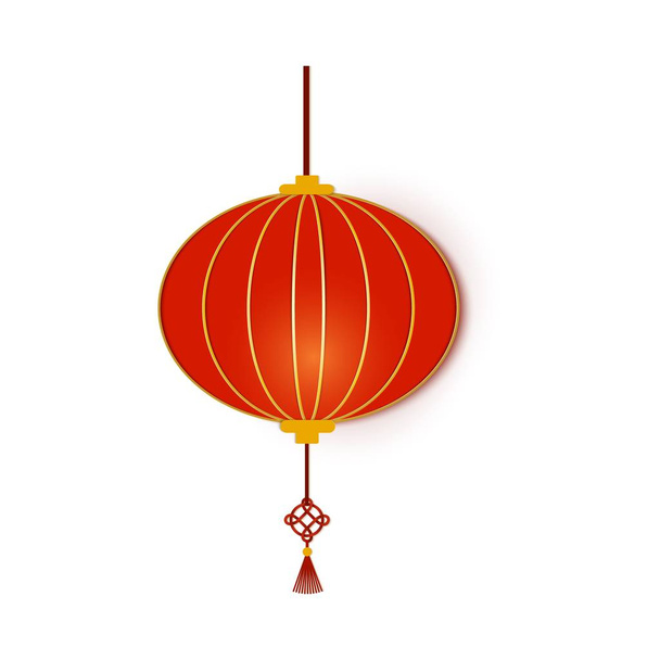 Lanterna de papel círculo tradicional chinês vermelho. Lanterna de ano novo chinês forma redonda. Arte de papel stile decoração asiática. Isolado em fundo branco. Ilustração do cartão vetorial
 - Vetor, Imagem