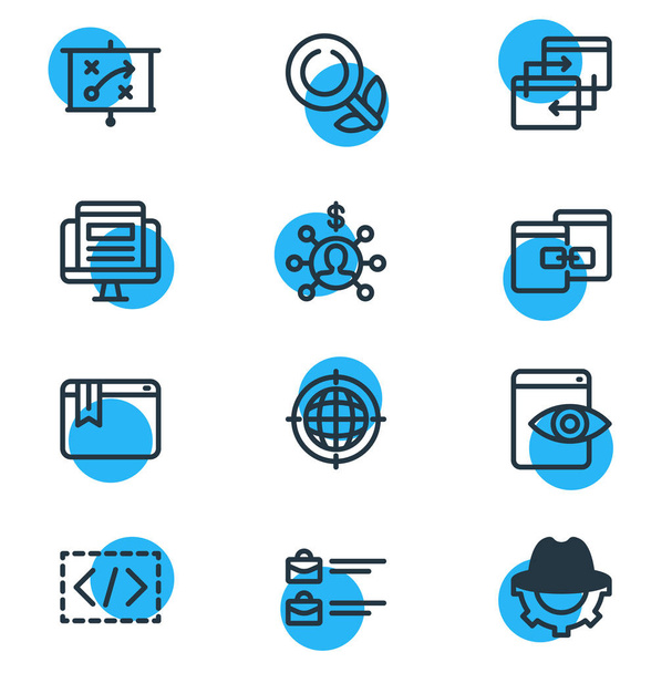Illustrazione vettoriale di 12 icone pubblicitarie stile linea. Set modificabile di servizi di segnalibro, contenuti correlati, marketing di affiliazione e altri elementi icona
. - Vettoriali, immagini