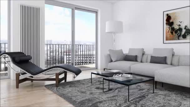 apartamento de interiores luminosos modernos sala de estar 3D representación ilustración
 - Metraje, vídeo
