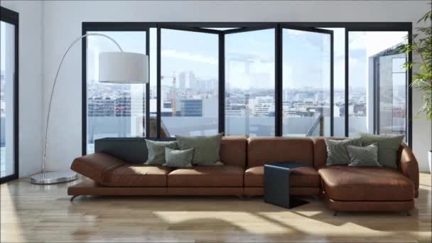 apartamento de interiores luminosos modernos sala de estar 3D representación ilustración
 - Metraje, vídeo
