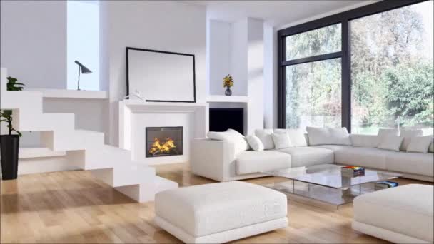 Διαμέρισμα μοντέρνο φωτεινούς εσωτερικούς χώρους διαβίωσης δωμάτιο 3d απεικόνιση απόδοσης - Πλάνα, βίντεο