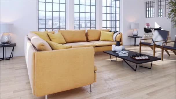 apartamento de interiores luminosos modernos sala de estar 3D representación ilustración
 - Imágenes, Vídeo