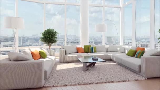 Modern parlak iç daire oturma oda 3d render illüstrasyon - Video, Çekim